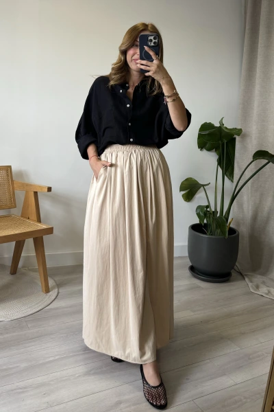 Bej Tensel Tam Boy Cep Detaylı Etek