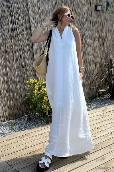 Beyaz A kesim Yaka Detay Keten Elbise