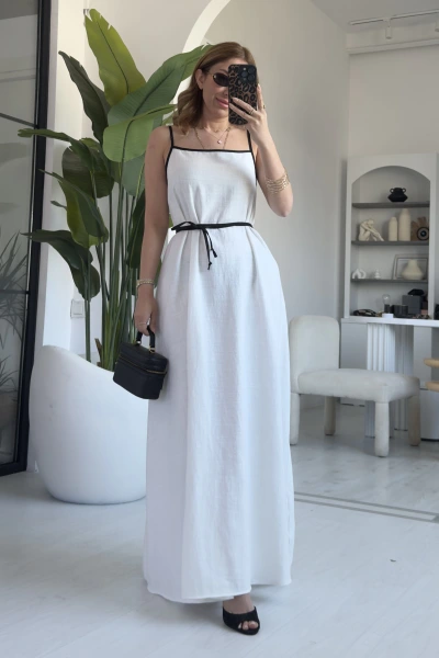 Beyaz Askılı Keten Elbise