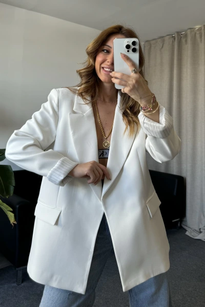 Beyaz Astarı Çizgili Premium Kalite Krep Kumaş Ceket