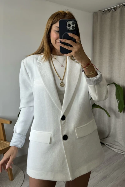 Beyaz Astarlı Çizgili Keten Ceket
