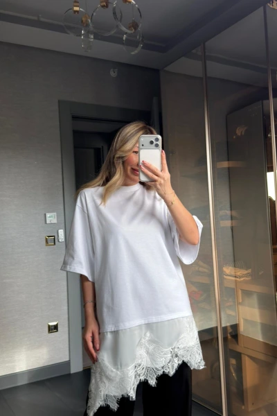 BEYAZ DANTEL DETAY TİŞÖRT ELBİSE