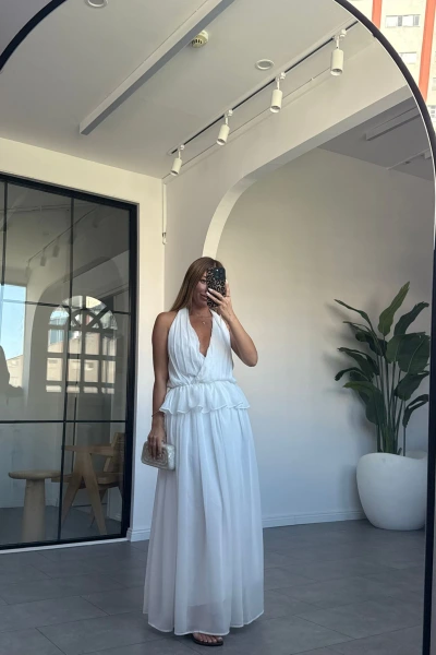 BEYAZ DEKOLTE DETAYLI ŞİFON ETEK TAKIM