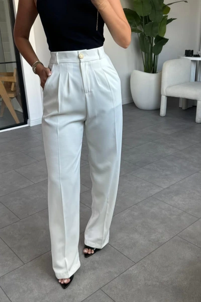 BEYAZ GOLD DÜĞMELİ PİLELİ PALAZZO PANTOLON