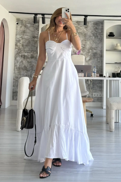 Beyaz İnce Askılı Maxi Boy Elbise