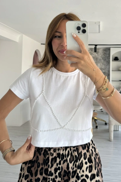 Beyaz İnci Detay T-shirt