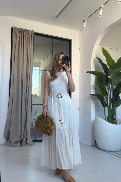 BEYAZ İP KEMER SIFIR KOL ELBİSE