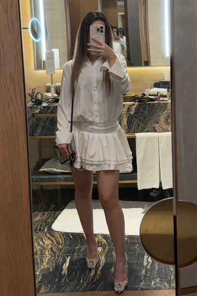 Beyaz Jana Kemerli Katkat Elbise