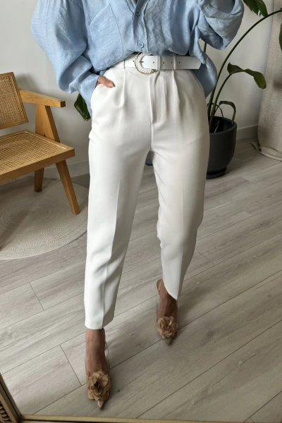 Beyaz Kemerli Beli Lastikli Sigaret Kumaş Pantolon