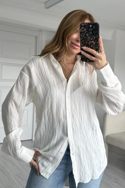 Beyaz Kendinden Desenli Oversize Gömlek