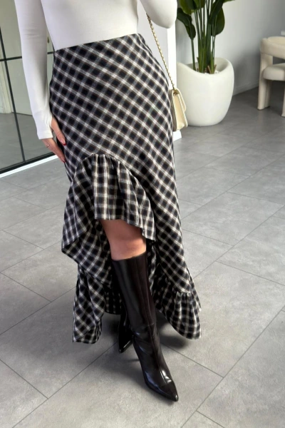 BEYAZ LACİVERT FIRFIRLI EKOSE DESEN ETEK