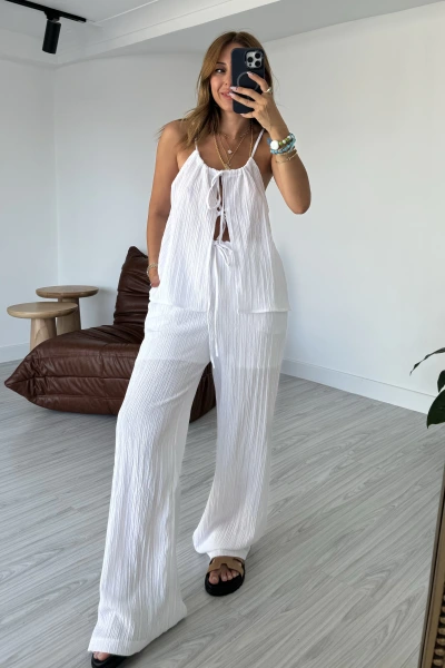 Beyaz Önü Bağlamalı Bluz Takım