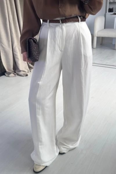 Beyaz Örgü Kemerli Pantalon
