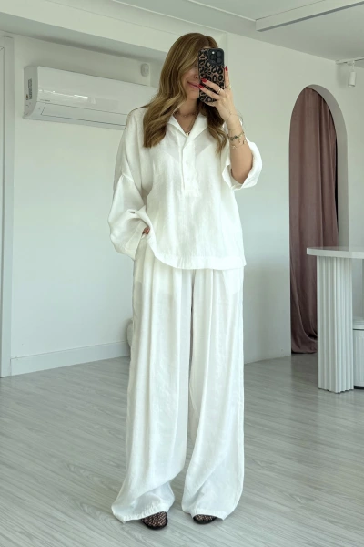 Beyaz Polo Yaka Bluz Pantolon Takım