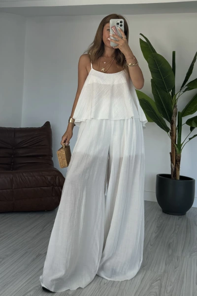 Beyaz Premium Kalite Palazzo Pantolon Takım