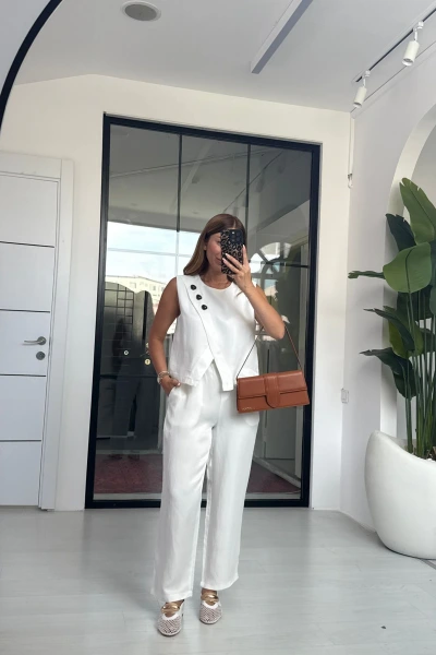 BEYAZ TAŞ DETAYLI KETEN TAKIM