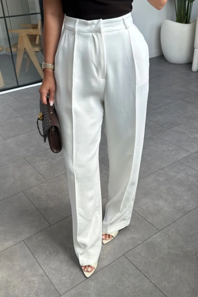 BEYAZ YÜKSEK BEL DÖKÜMLÜ PANTALON