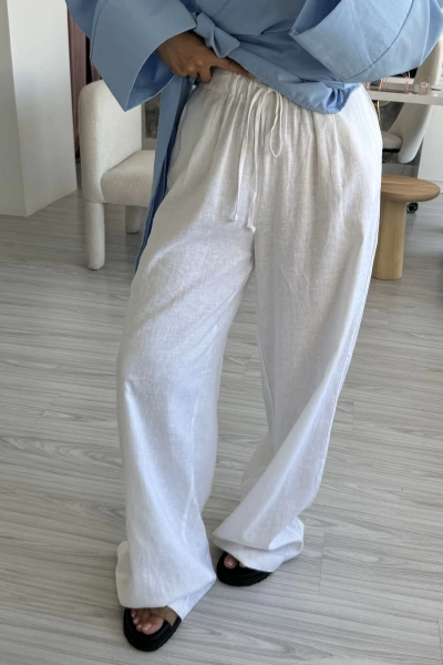 Beyaz Yüksek Bel Keten Pantolon