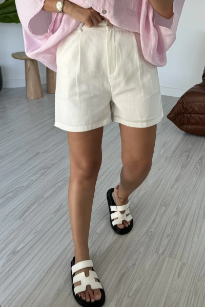 Beyaz Yüksek Bel Keten Şort
