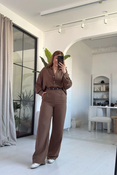 Kahverengi Boncuk Kemer Keten Takım