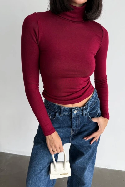 Bordo Balıkçı Yaka Parmak Geçirmeli Oysh Bluz