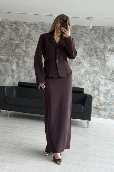 Bordo Belden Oturtmalı Gömlek Etek Takım