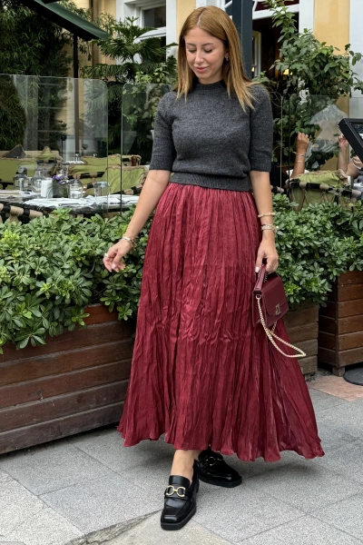 Bordo Beli Lastikli Kırışık Etek