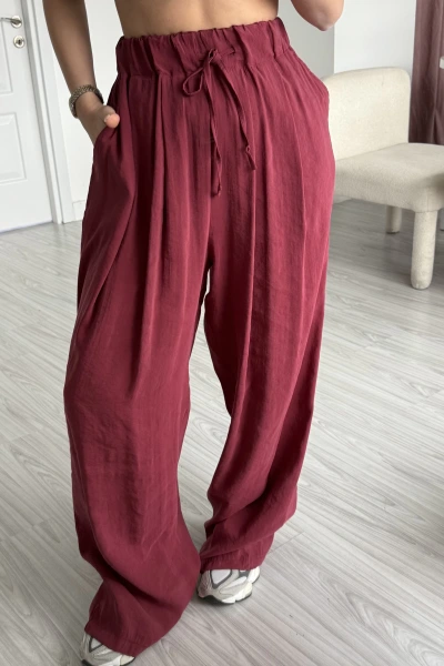 Bordo Beli Lastikli Yumuşacık Dokulu Pantolon