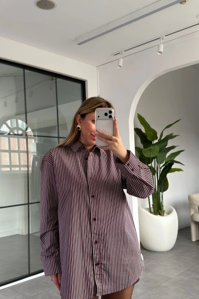 BORDO BEYAZ ÇİZGİLİ OVERSİZE GÖMLEK