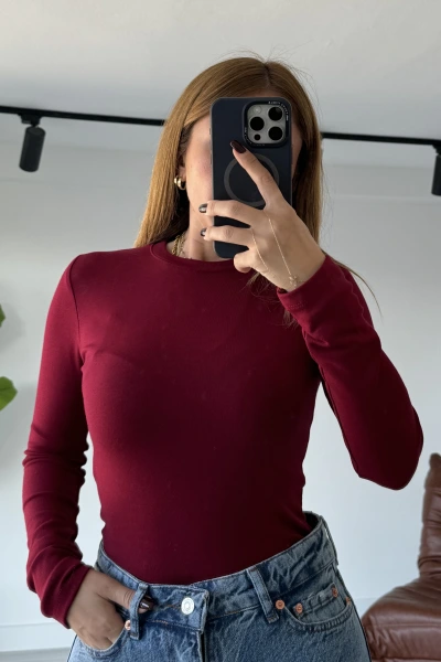Bordo Bisiklet Yaka Marka Model Uzun Kol Bluz