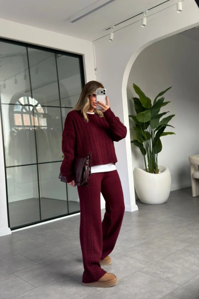 BORDO BİSİKLET YAKA SAÇ ÖRGÜ TRİKO TAKIM