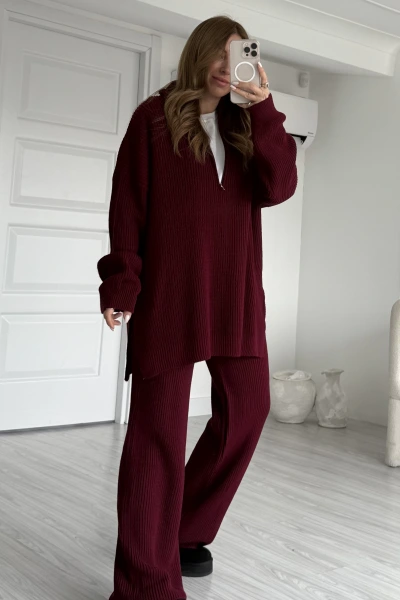 Bordo Boğazlı Yarım Fermuarlı Triko Takım