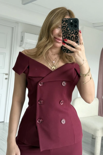 Bordo Ceket Yaka Düğmeli Bluz