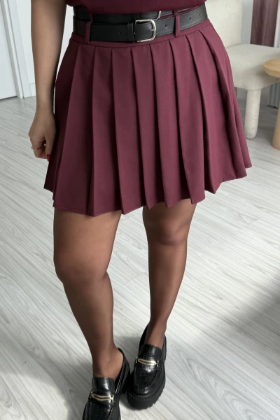Bordo Çift Kemerli Pileli Etek