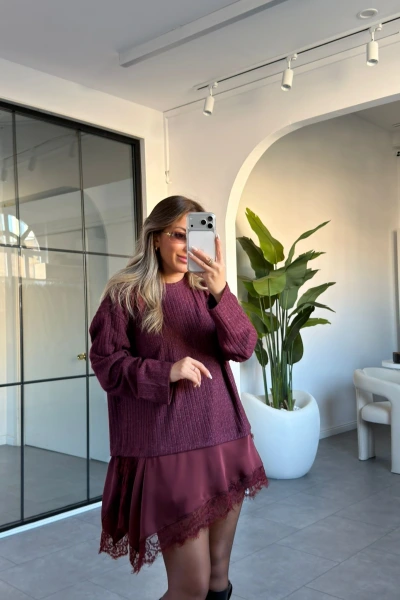 BORDO DANTEL DETAY TRİKO BLUZ