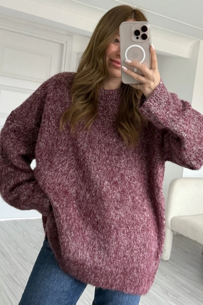 Bordo Dokulu Bisiklet Yaka Oversize Kazak