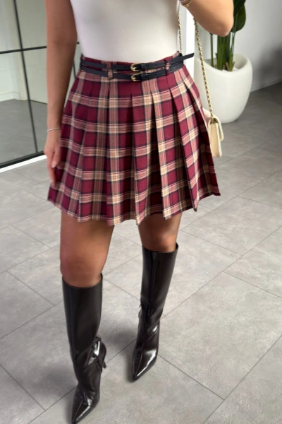 BORDO EKOSE DESEN PİLELİ MİNİ ETEK