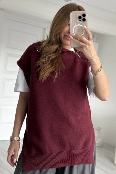 Bordo Fermuarlı Yaka Triko Süveter