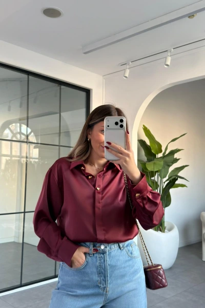 BORDO GOLD DÜĞME DETAY SATEN GÖMLEK
