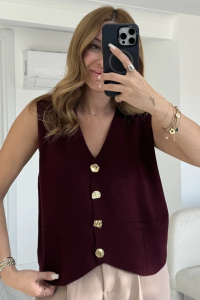 Bordo Gold Düğmeli Merserize Yelek