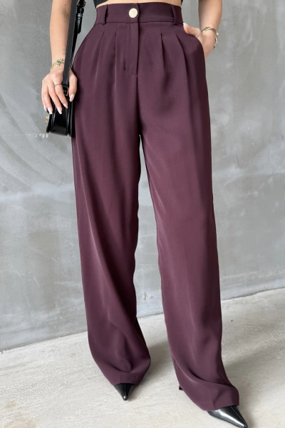 Bordo Gold Düğmeli Pileli Palazzo Pantolon