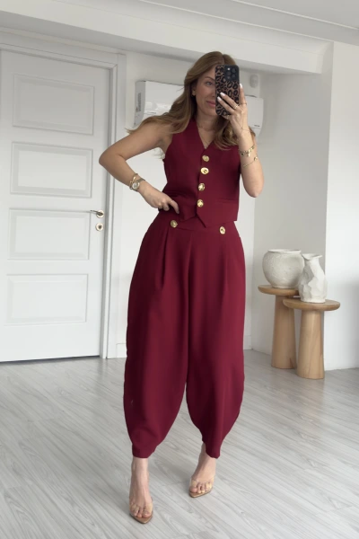 Bordo Gold Düğmeli Şalvar Model Takım