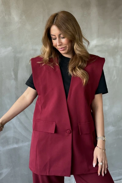 Bordo Kapak Cepli Premium Yelek Takım