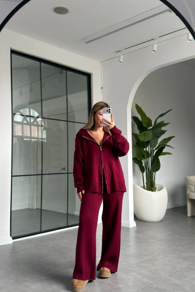 BORDO KAPÜŞONLU ÇİFT FERMUARLI UZUN TAKIM