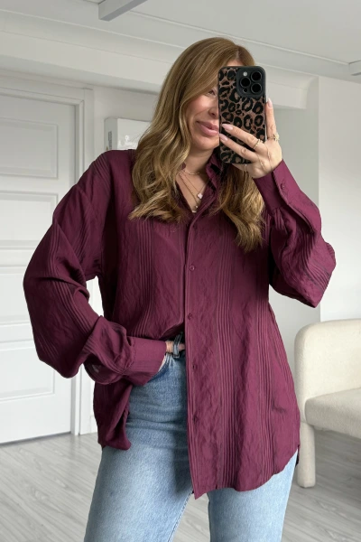 Bordo Kendinden Desenli Oversize Gömlek