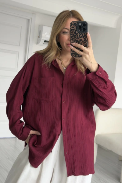 Bordo Kırinkıl Kumaş Oversize Gömlek