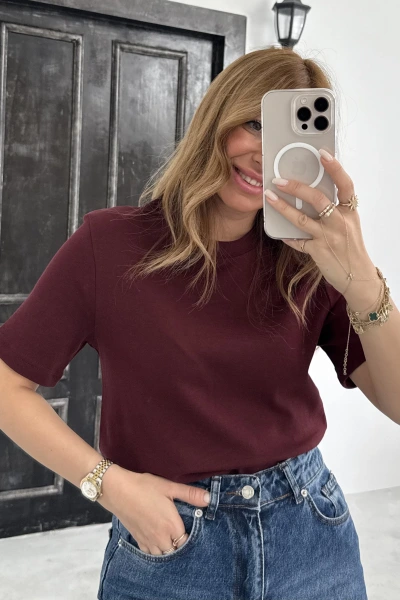 Bordo Kısa Kol Düz Basic T-shirt