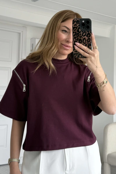 Bordo Kolları Fermuarlı T-shirt