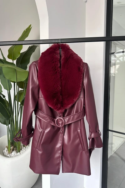 BORDO KÜRK YAKA MİDİ BOY DERİ CEKET