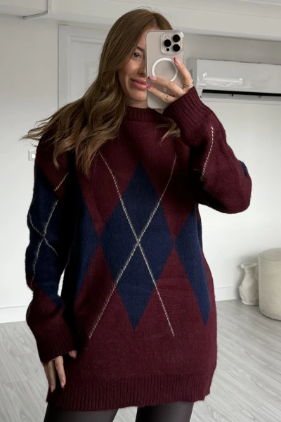 Bordo-Lacivert Bisiklet Yaka Baklava Desen Triko Kazak